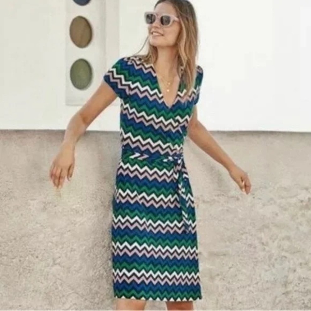 Boden Chevron Wrap Dress 8 Blue‎ Green Black White Short Sleeve Stretch V-Neck